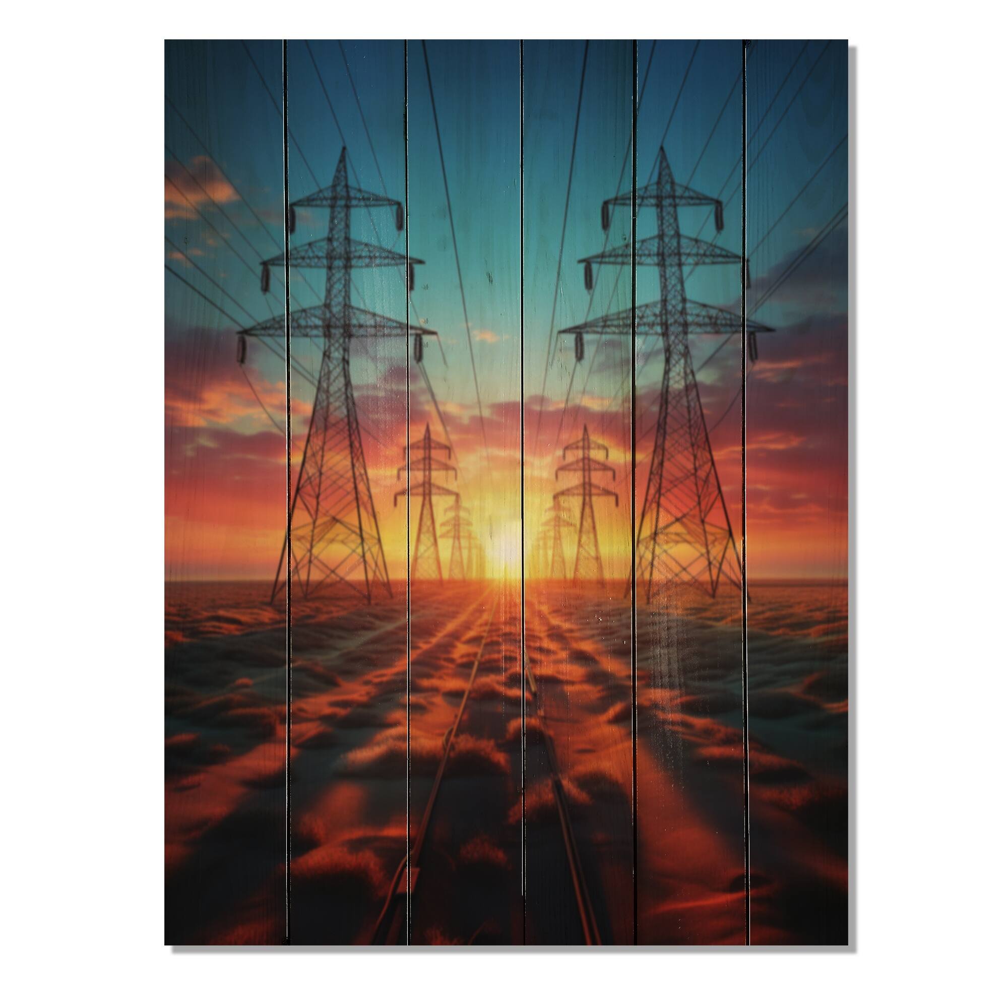 Designart "Power Lines Sunset" Cityscapes Print on Natural Pine Wood Bed Bath & Beyond 39417217